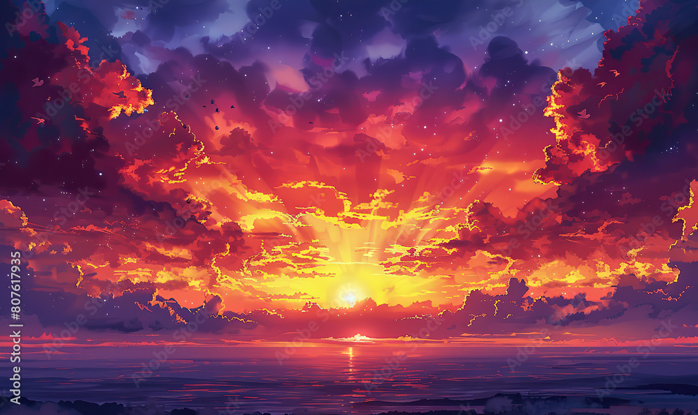 Vibrant and dramatic sunset with clouds illuminating in fiery hues. Generate AI