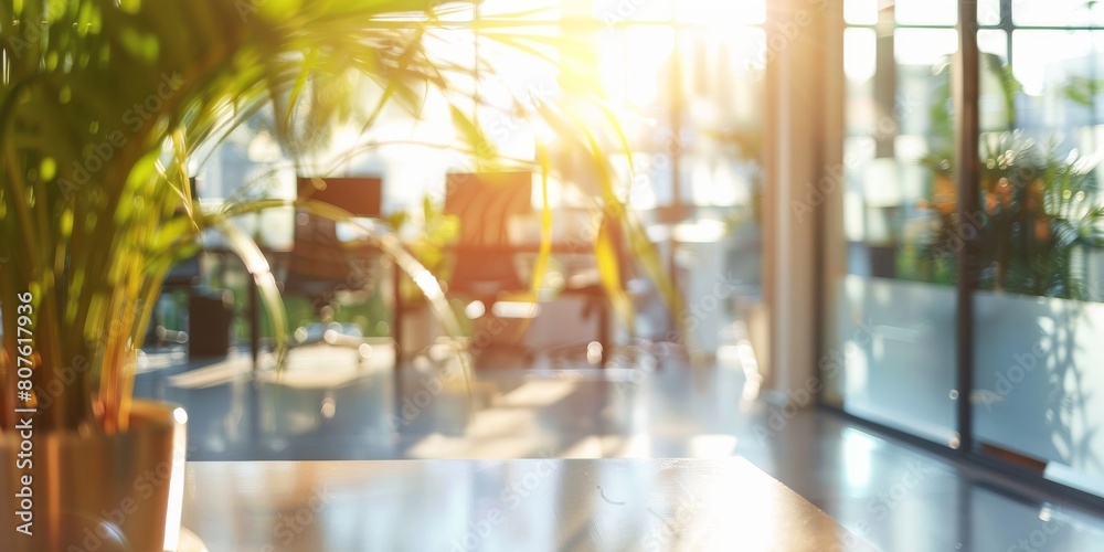 Bright modern office with plants and sunlight streaming through large windows Bright modern office with plants and sunlight streaming through large windows