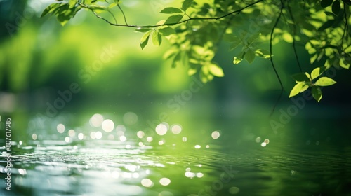 green tree reflected in a still pond, with the water's surface creating a bokeh effect.  photo