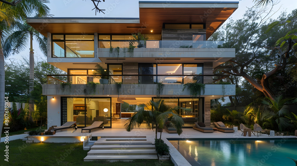 A modern house with two floors, glass windows and doors, concrete walls, wooden accents, surrounded by lush greenery, featuring an outdoor pool in the front yard