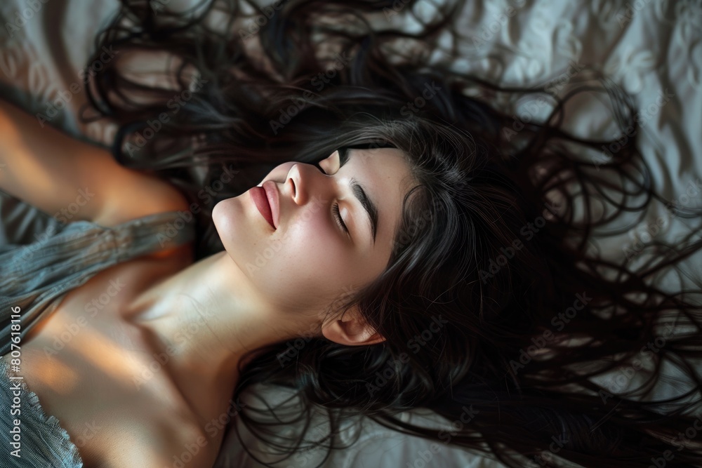 Sleeping images, A beautiful young woman is sleeping on the bed and her beautiful hair is spread Sleeping images, A beautiful young woman is sleeping on the bed and her beautiful hair is spread