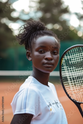 Young Black Female Tennis Player Holding Racket on Playground, Ready to Play Game. Fictional Character Created by Generative AI. © shelbys
