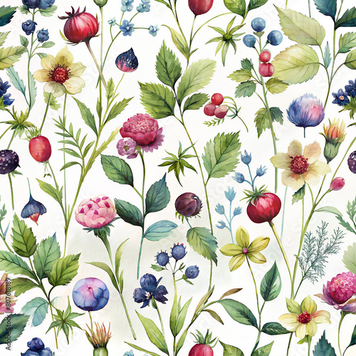 watercolor wildflowers and wildberries seamless pattern