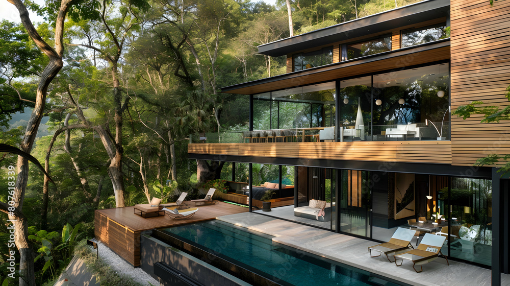 A modern house with wood cladding and glass windows, set in the forest on top of a hill overlooking a pool and terrace