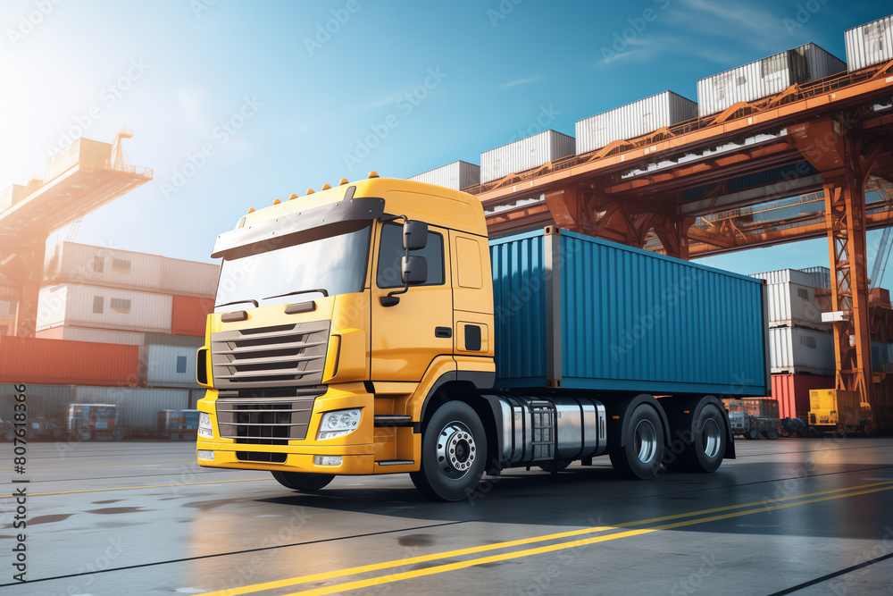 a yellow truck with a blue container a yellow truck with a blue container