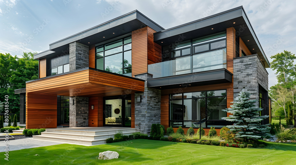 A modern house with wooden and stone cladding, featuring large windows ...
