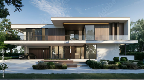 a modern minimalist two-story house with a double car entrance gate, front view, square shapes and lines, simple design, flat roof, brown wood grain and white walls color combination © Pik_Lover