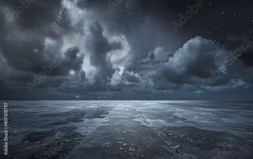 Dark Concrete Floor Background with Beautiful Night Skyline and Dramatic Clouds. stunning view