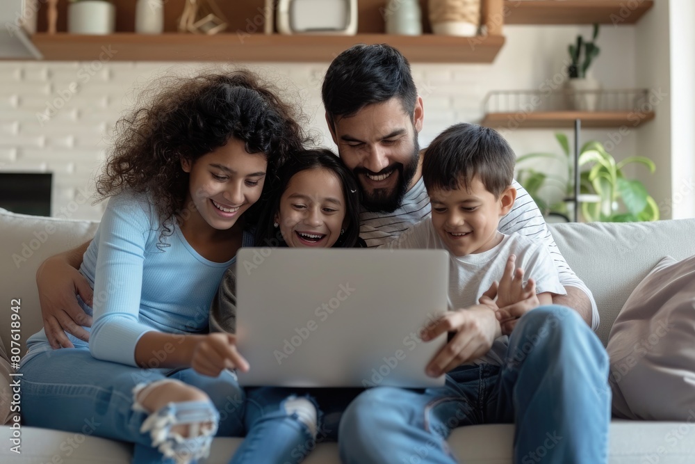 Happy family using laptop on a sofa. family time. Leisure time for parents with children. Watching a movie on a laptop Happy family using laptop on a sofa. family time. Leisure time for parents with children. Watching a movie on a laptop