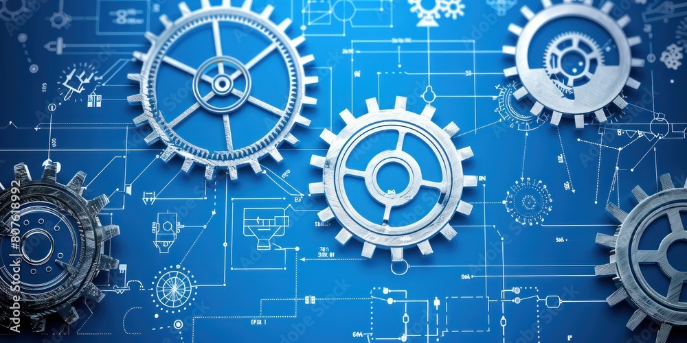 Obraz premium Three Interlocking Gears on a Blueprint Background