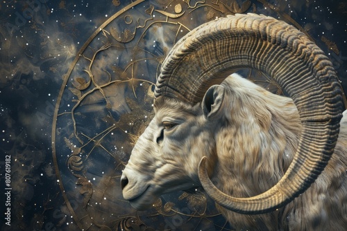 A Painting of a Ram With a Clock in the Background photo