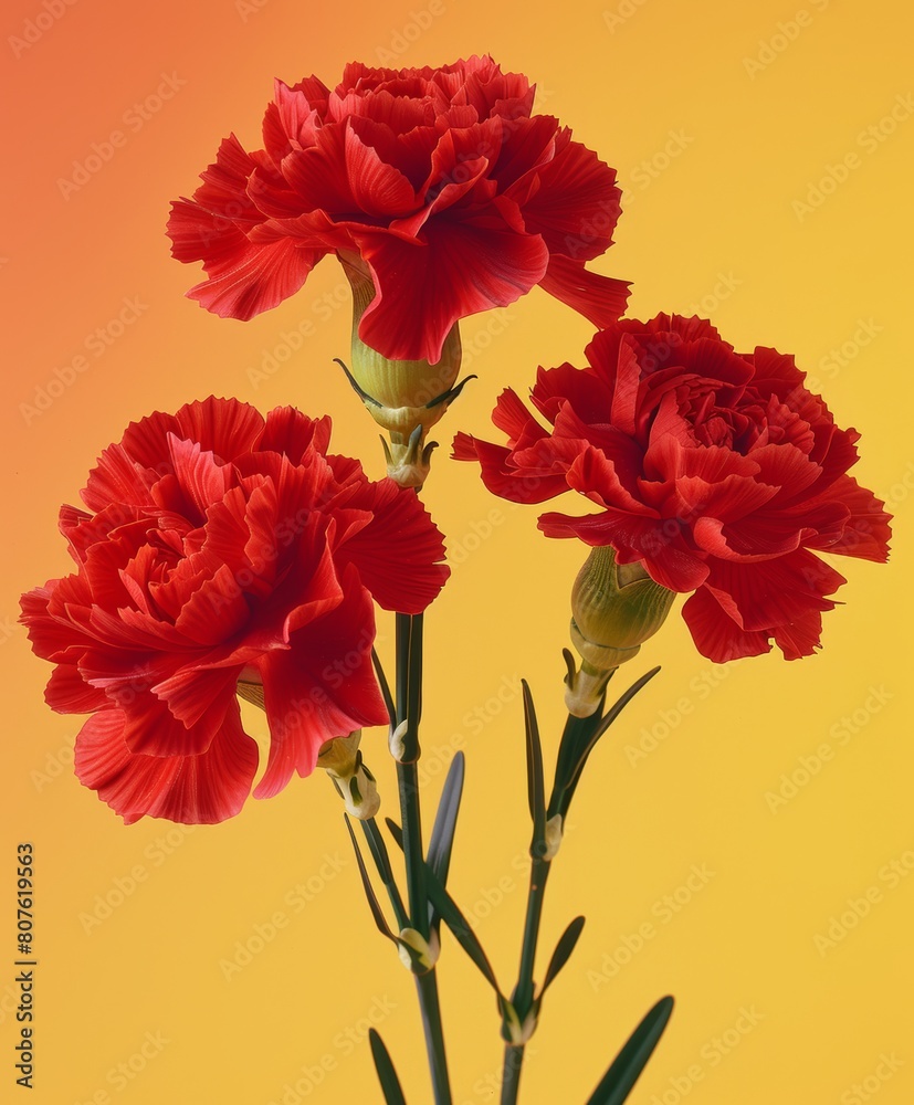 Red carnations on yellow background Red carnations on yellow background