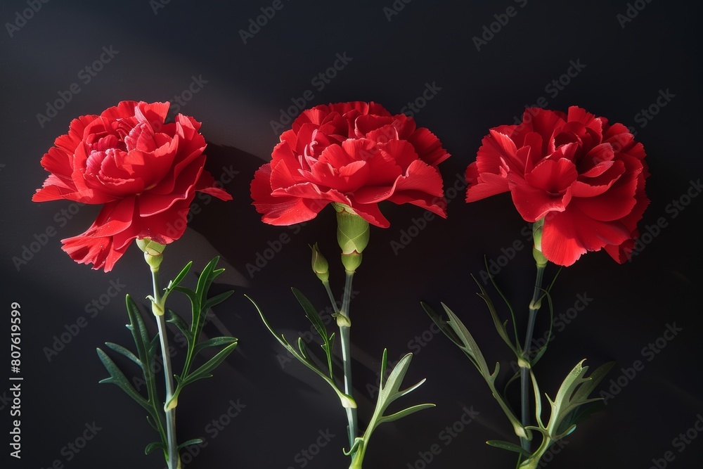 Red carnations on black background