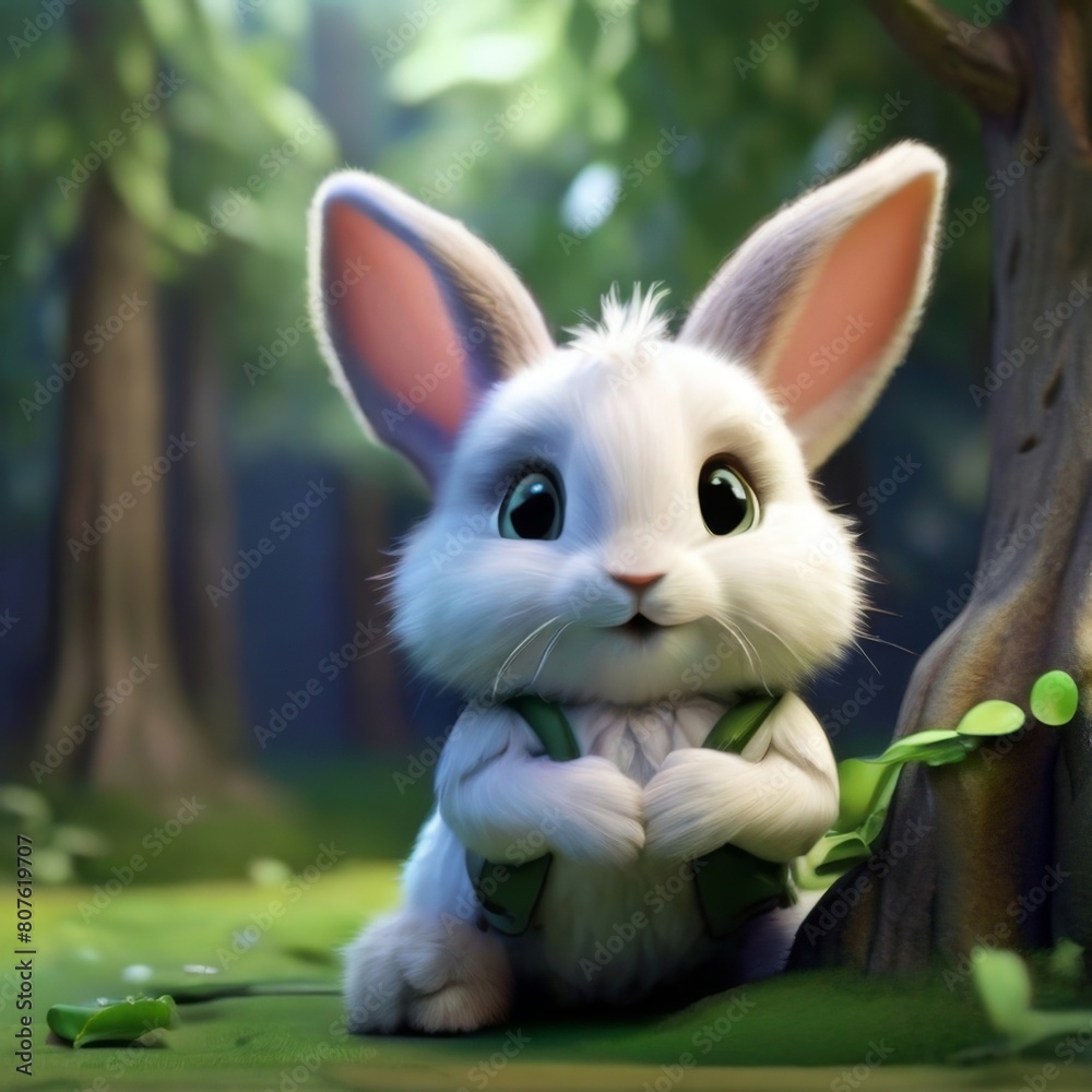 a rabbit wearing a green jacket sits in a forest a rabbit wearing a green jacket sits in a forest