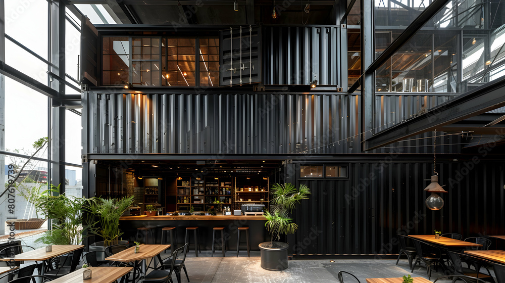 A restaurant with two floors and a black studio backdrop constructed out of black containers