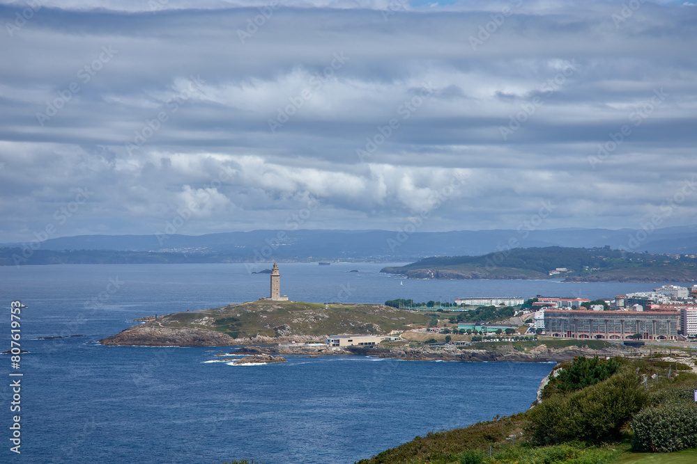 View of the coast and the Tower of Hercules of La Coruña from Mount San Pedro