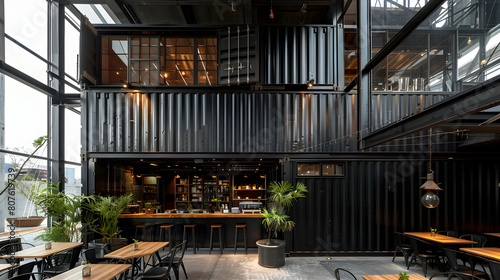 A restaurant with two floors and a black studio backdrop constructed out of black containers