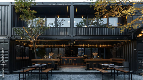 A restaurant with two floors and a black studio backdrop constructed out of black containers © Pik_Lover