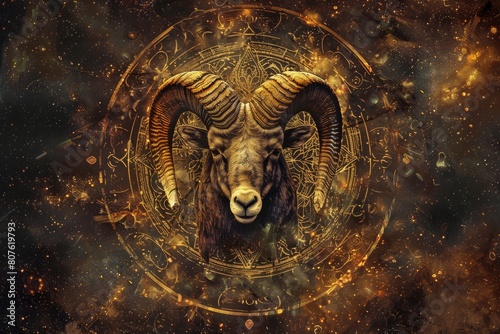 Ram With Large Horns Standing in Front of Star Filled Sky