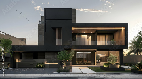 A sleek and modern contemporary villa in Saudi Arabia with black walls, adorned with wooden elements that add warmth to the exterior design