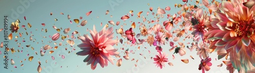 Surreal poster of annual flowers exploding into individual petals, each fragment suspended in an empty void to evoke feelings of vibrancy and transience photo