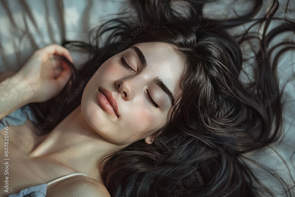 Sleeping images, A beautiful young woman is sleeping on the bed and her beautiful hair is spread Sleeping images, A beautiful young woman is sleeping on the bed and her beautiful hair is spread