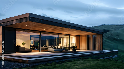 A sleek, modern house with wooden slats and large glass windows stands against the backdrop of rolling green hills under a dark sky at night © Pik_Lover