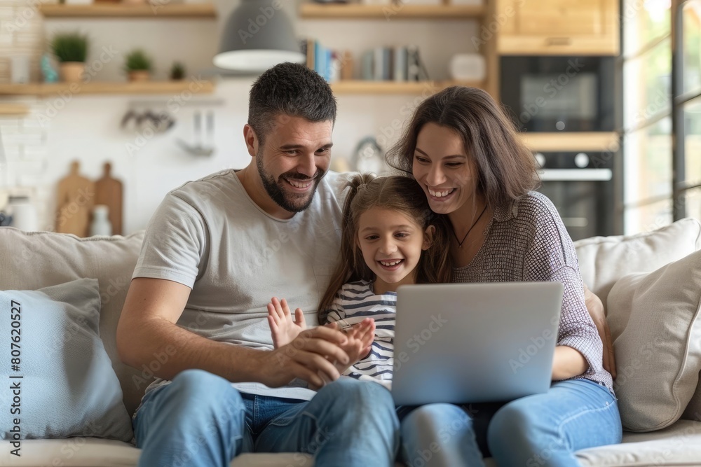 Happy family using laptop on a sofa. family time. Leisure time for parents with children. Watching a movie on a laptop