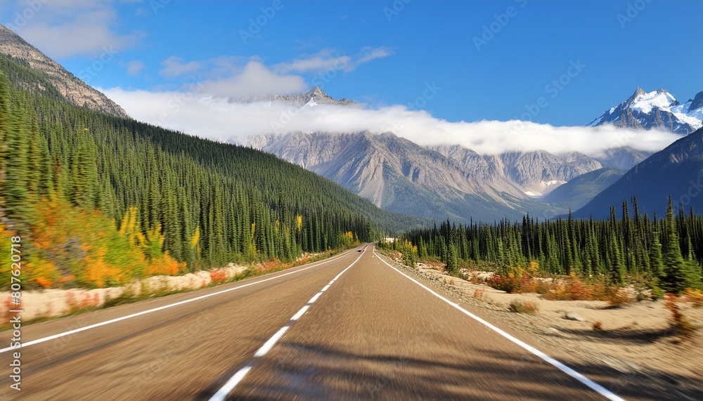 Fototapeta premium highway scene viewed featuring a breathtaking mountain range in the distance background