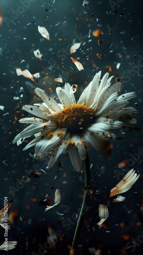 Surreal poster of a daisy exploding into petals, each fragment suspended in an empty void to captivate and engage the viewer with its beauty