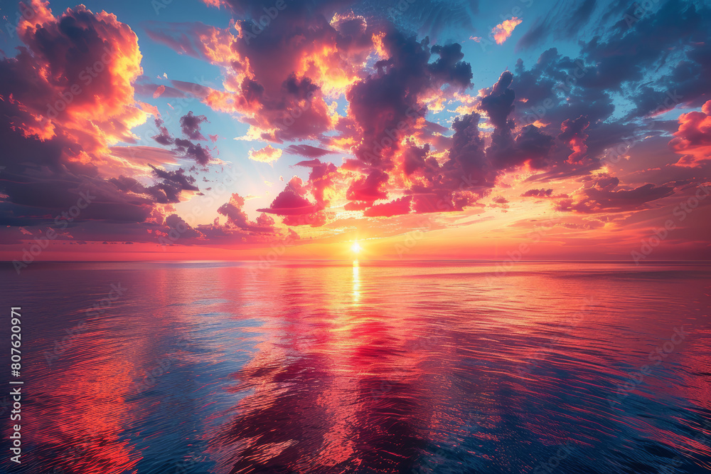 Vivid sunrise with dramatic cloud formations spreading across the horizon. AI generated. Vivid sunrise with dramatic cloud formations spreading across the horizon. AI generated.