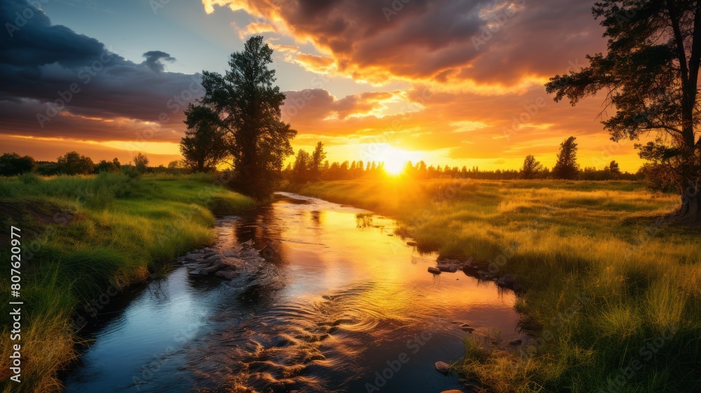 Obraz premium sunset over a winding river, with the trees lining