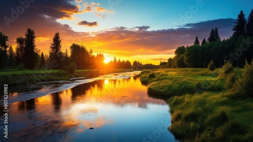sunset over a winding river, with the trees lining