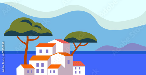 Mediterranean landscape with mountain and white town flat style vector illustration