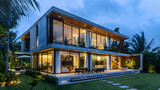 A stunning modern villa with minimalist design, featuring large windows and wooden accents, set against the backdrop of lush greenery and palm trees at night