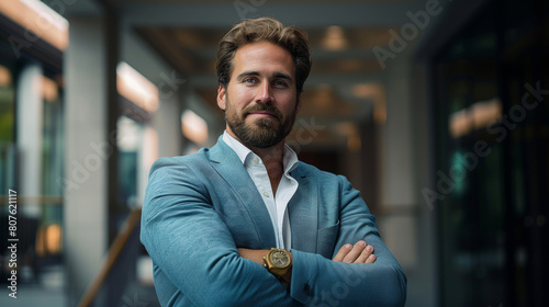 Portrait of successful male in business suit, arms crossed, confident expression. Modern office building in background. Room for copy space. 