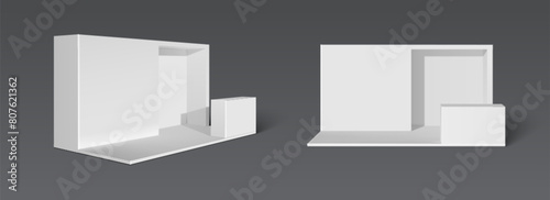 White booth stand with walls, floor and platform for products display. Realistic 3d vector illustration of studio or exhibition room interior mockup. Trade expo event template of presentation kiosk.