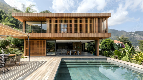 A wooden house with slats on the facade, an open terrace and swimming pool in front of it. The modern building stands against the backdrop of greenery and mountains