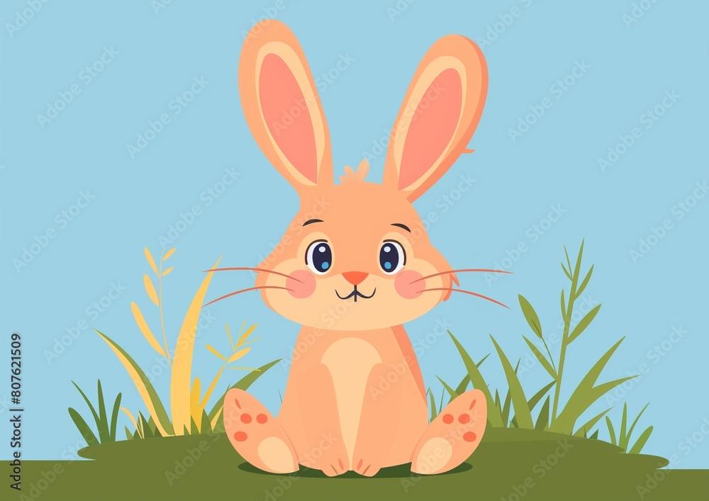 Fototapeta premium Cute Cartoon Bunny Sitting in Green Grass Against Blue Sky Background