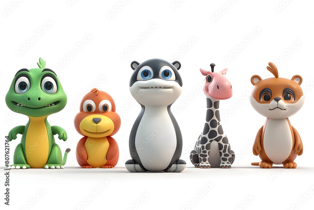 Fototapeta premium Charming Cartoon Animal Figurines on White Background