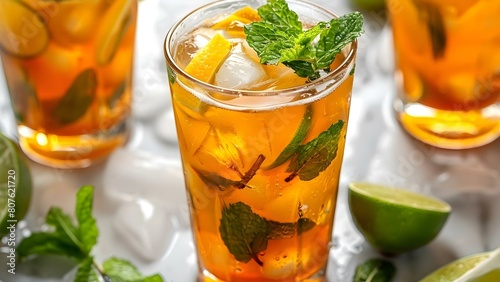 Top view of traditional Cuban mojito cocktail with rum mint lime and soda. Concept Cuban Mojito, Cocktail Drink, Refreshing Beverage, Top View Photography photo