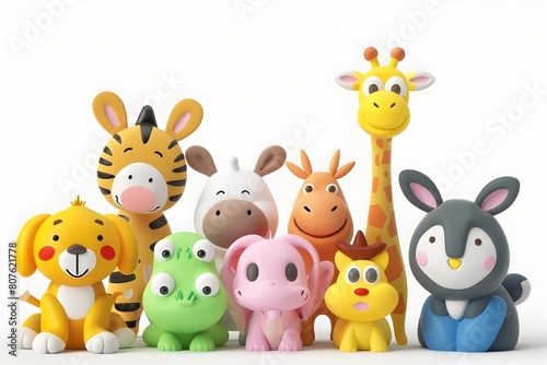 Assortment of Colorful 3D Animal Figurines on White Background