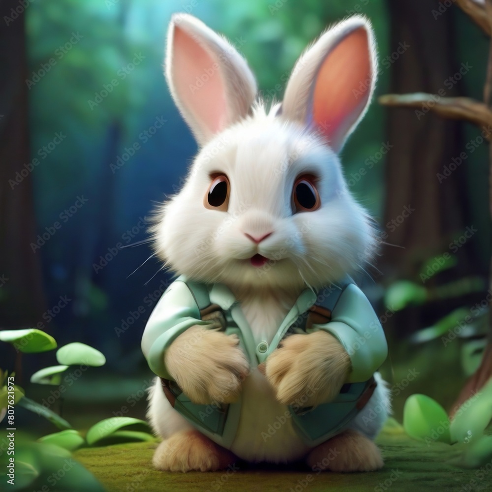 a rabbit wearing a green jacket sits in a forest