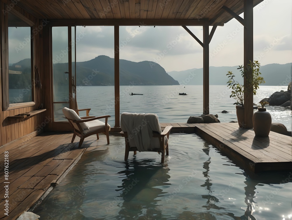 Fototapeta premium restaurant on the sea. 3D rendering