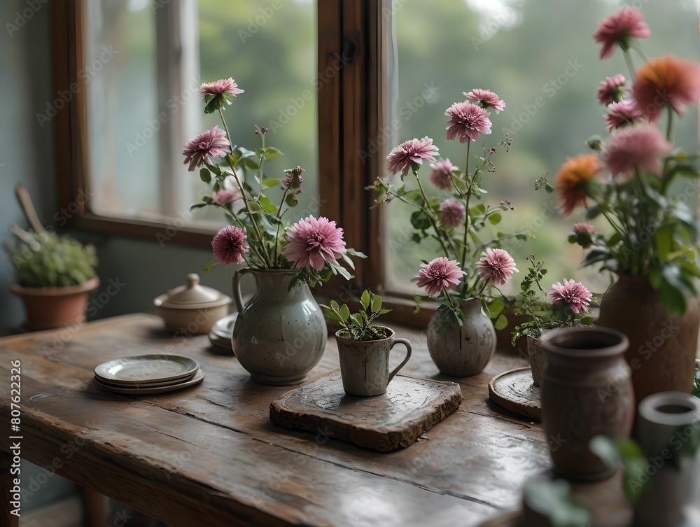 table with flowers. 3D rendering