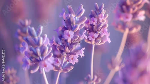 Photorealistic poster showcasing lavender in midair  vividly detailed against significant negative space to focus on the intricate details of its blooms