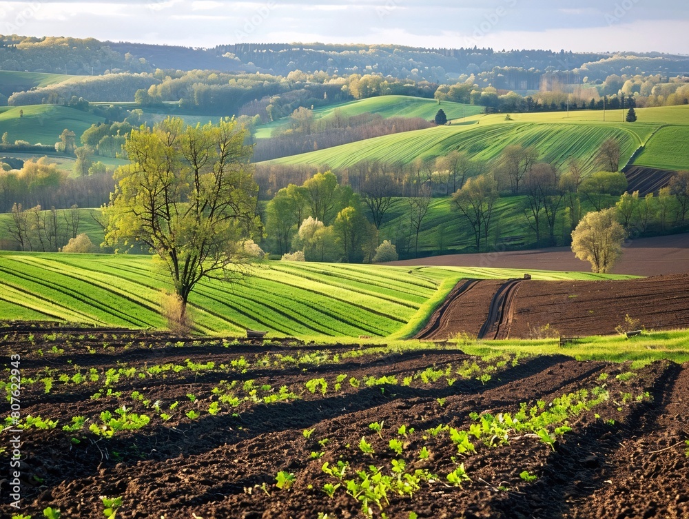 A field of green grass and brown dirt with trees in the background A field of green grass and brown dirt with trees in the background
