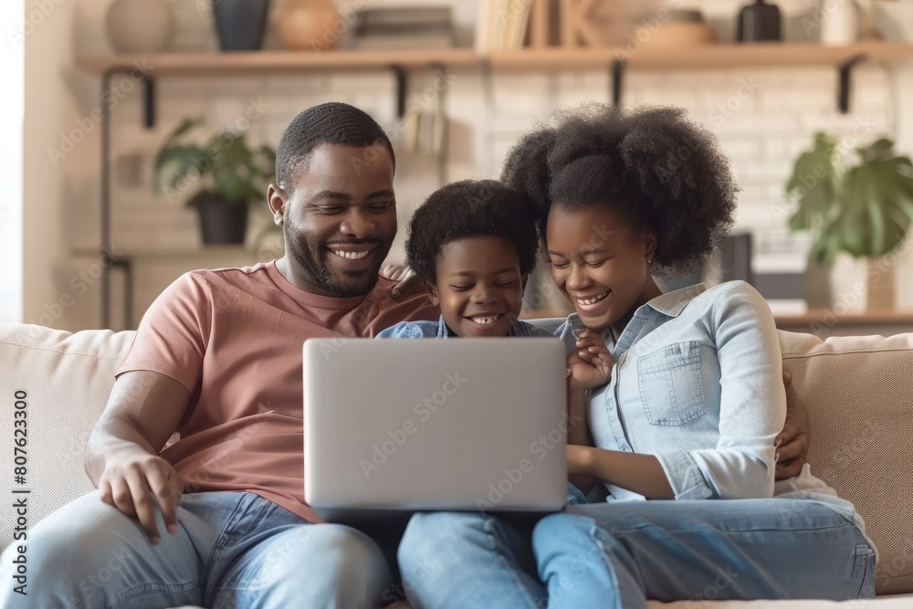 Happy family using laptop on a sofa. family time. Leisure time for parents with children. Watching a movie on a laptop Happy family using laptop on a sofa. family time. Leisure time for parents with children. Watching a movie on a laptop