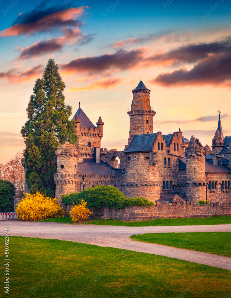 Obraz premium Captivating summer view of Lowenburg Castle, Kassel location, German, Europe. Gorgeous morning scene of Schlospark. Traveling concept background.