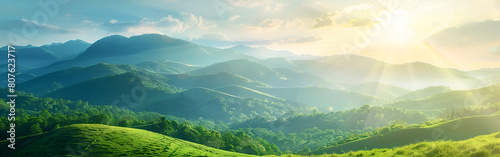 Beautiful summer landscape in the mountains Sunrise over the meadow hillside  vista  horizon cloudless 
 photo